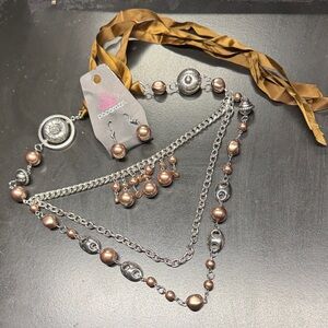 Paparazzi Silver and Brown Necklace Earrings Set Beaded Adjustable Chain Belt